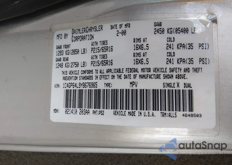 2000 Chrysler Town And Country z USA, uszkodzony, nr VIN 1C4DP64L9YB676965